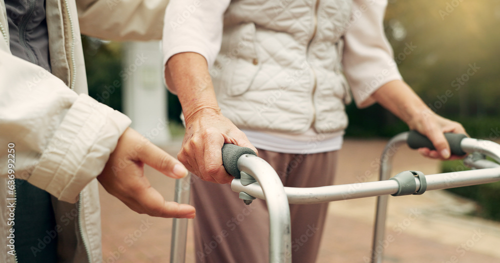 Hands, support and senior person with a walker for injury rehabilitation, walking help and physiothe