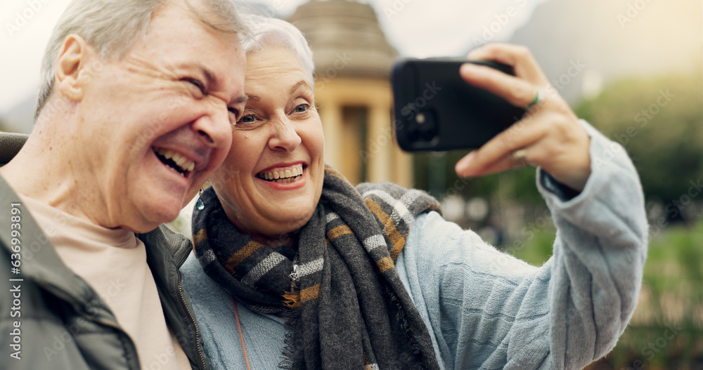 Selfie, smile and senior couple in a park, happy and laugh, relax and bond in nature on the weekend.