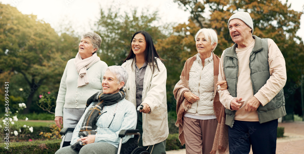 Friends, walking and elderly people in park for bonding, wellness and quality time together outdoor.