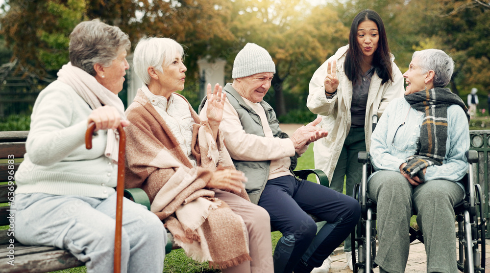 Friends, happy and senior people in park for bonding, conversation and quality time together outdoor