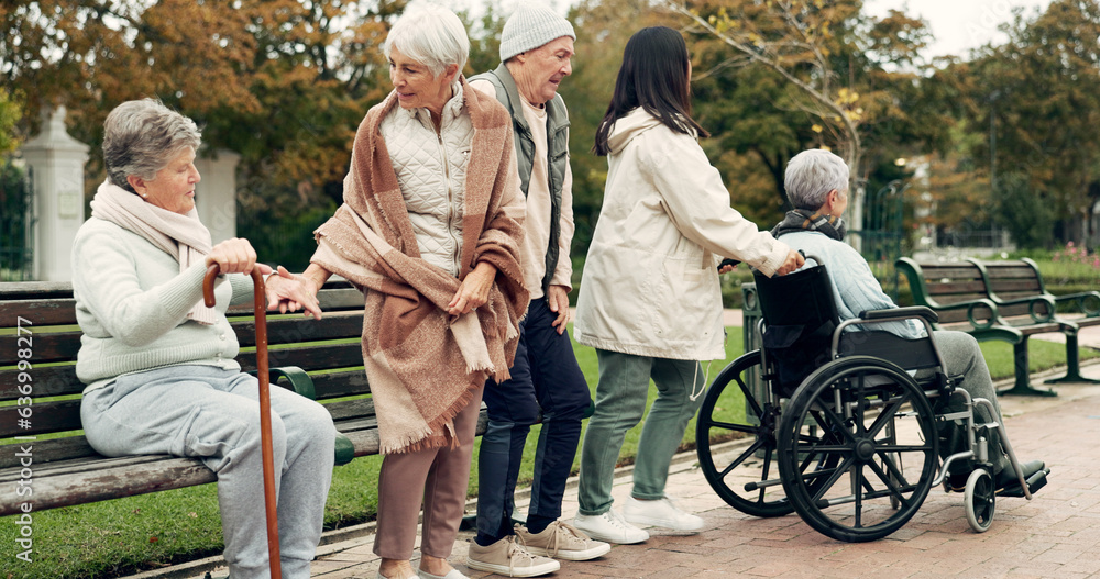 Friends, retirement and senior people in park for bonding, conversation and quality time together ou