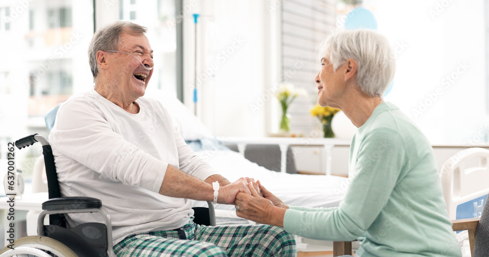 Hospital, talking and woman visit man for comfort, care and support for wellness, service and surger