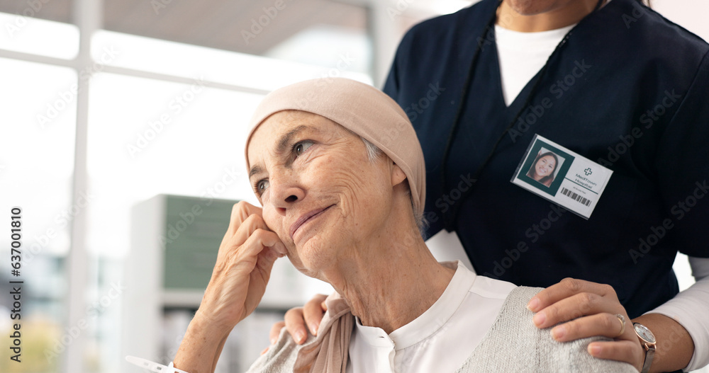 Comfort, senior woman and cancer patient with nurse in hospital for support, healthcare and thinking