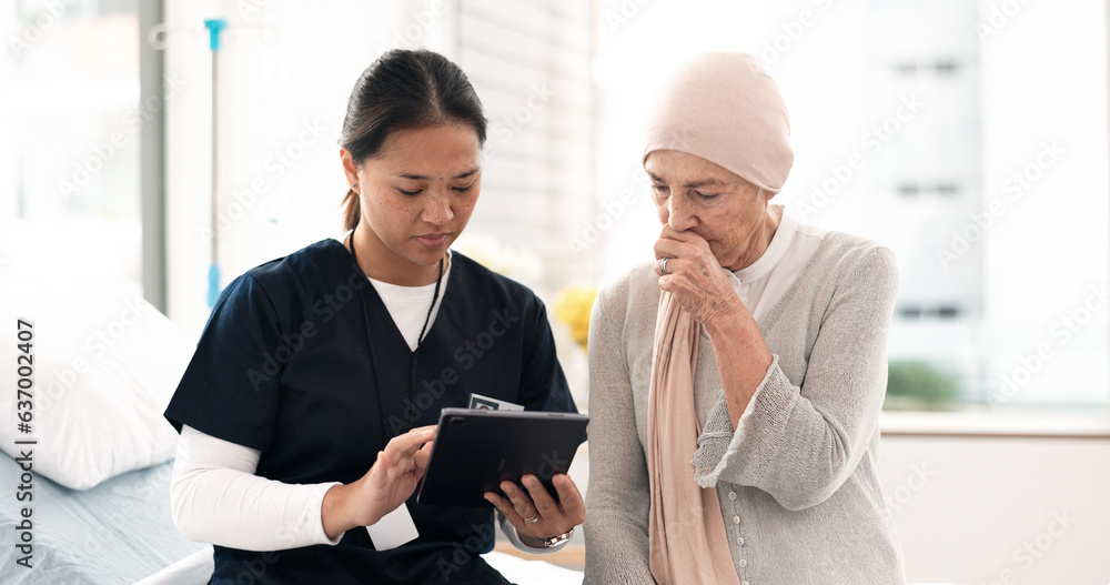 Tablet, nurse and woman with cancer patient, elderly and hospital consultation for wellness. Tech, h