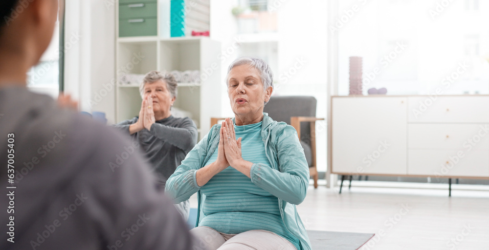 Old people in yoga class, fitness and meditation with breathing, wellness and retirement. Health, ex