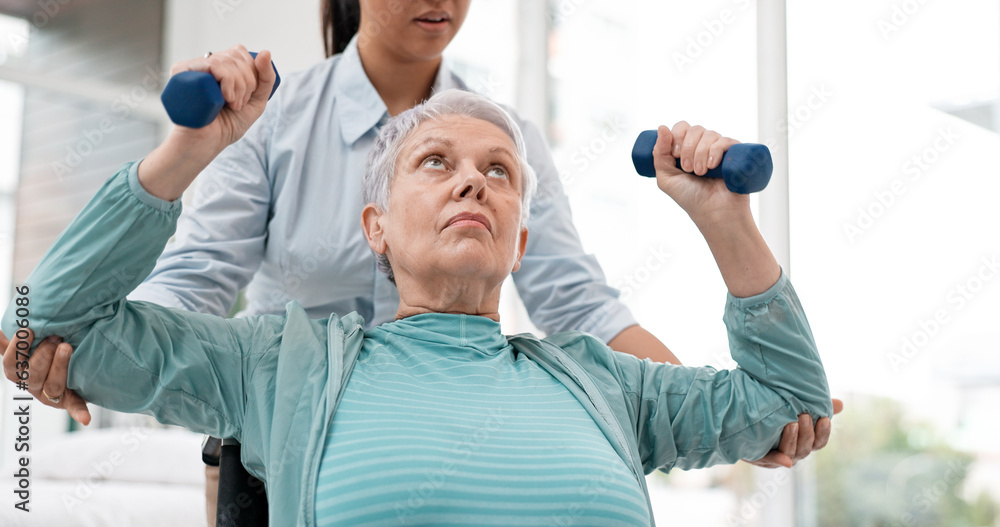 Woman with disability, physiotherapy and dumbbell exercise of healthcare rehabilitation, consulting 