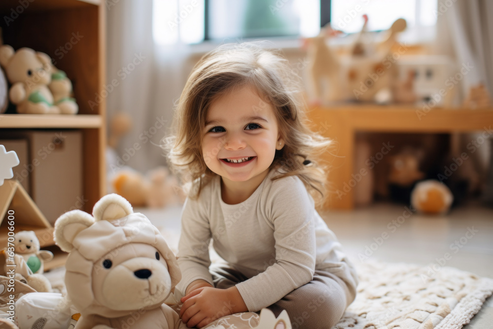 Full-body shot of a happy 3-year-old girl playing on the carpet in the living room with toys around.