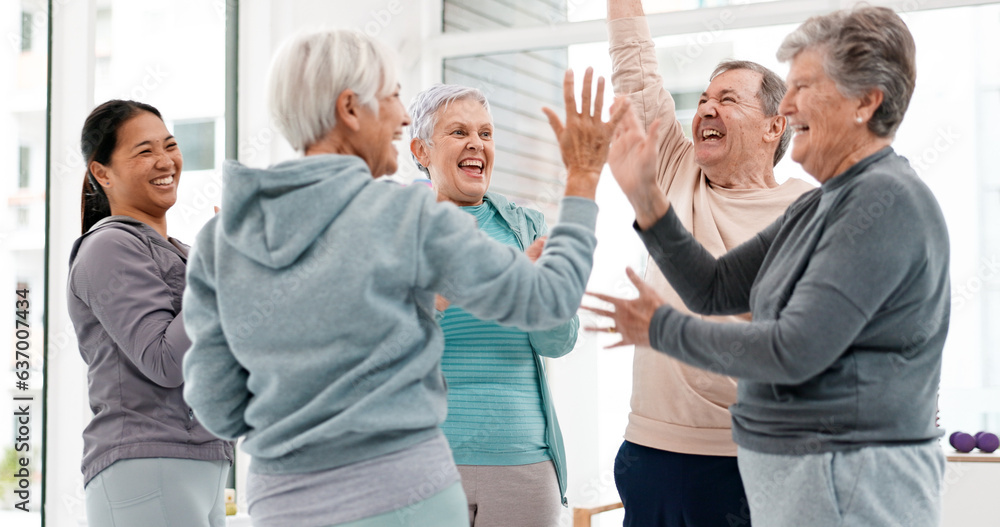 Fitness, hands together and senior people for exercise support, celebration and teamwork in workout 