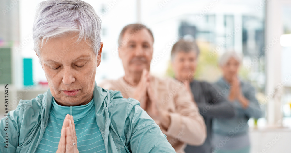 Old people in yoga class, exercise and meditation with breathing, wellness and retirement. Health, f