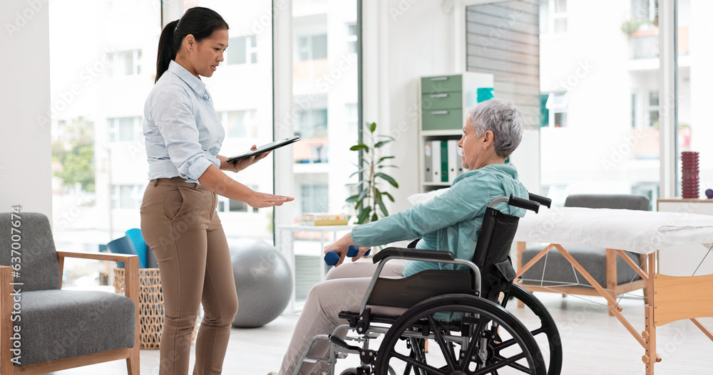 Woman with disability, physiotherapy and dumbbell rehabilitation of healthcare assessment, test or c