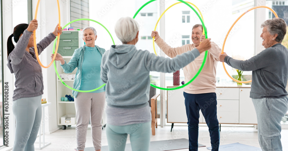 Fitness, senior and people with hula hoop at the gym for training, workout and health in retirement.