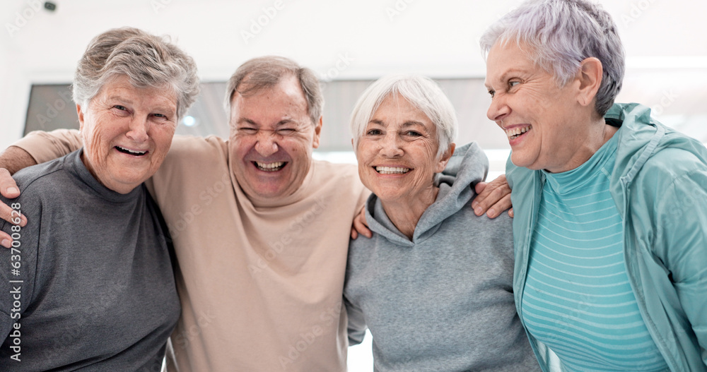 Elderly friends, selfie and smile in exercise group with hug, care and funny laugh with excited face