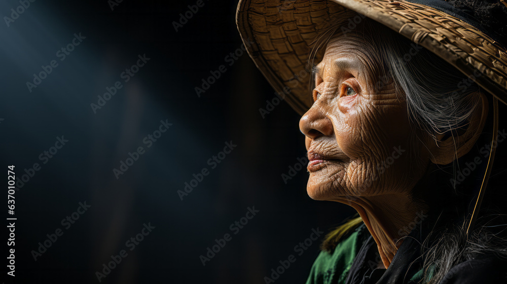 Side portrait of a old rice working woman with hat isolated on black background with copy space