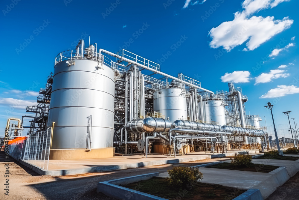 Hydrogen power plant large steel tanks and pipes. Big power plant pipes and steel tanks.