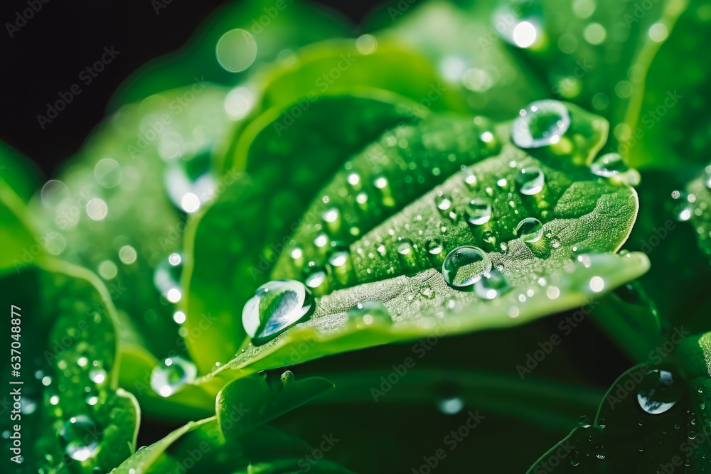 Large beautiful drops of transparent rain water on green leaf.