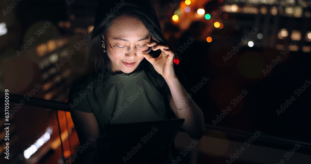 Glasses, tablet and Asian woman in night office, working late on project deadline or research. Tech,