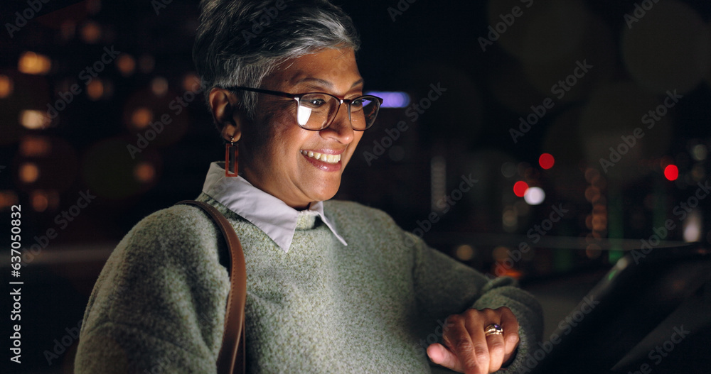 Woman, night business and tablet on city rooftop, office building and social networking connection, 