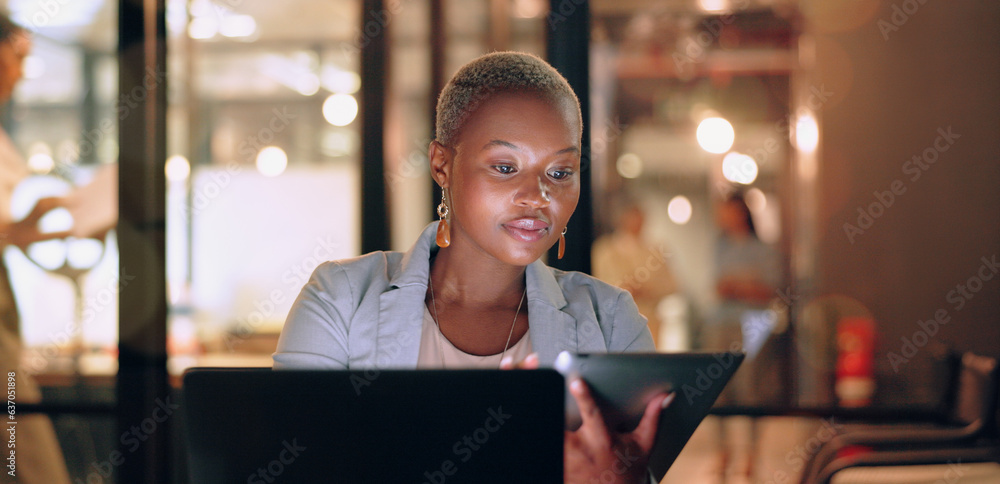 Black woman, focus with tablet for research online and reading digital report or article for project