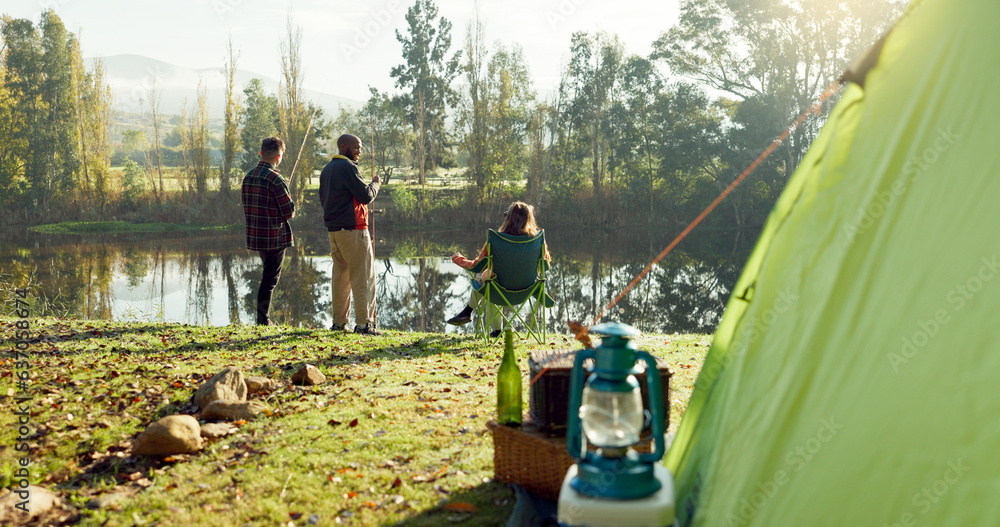 Fishing, camping and friends by lake in nature on holiday, adventure and vacation together outdoors.