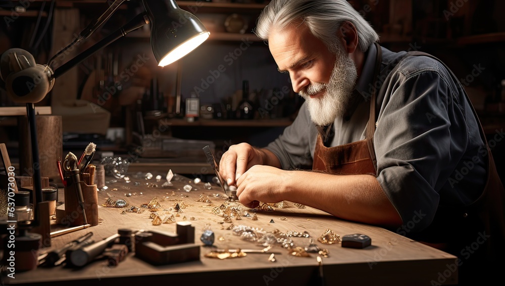 Jeweler working with precious stones at his workbench in his workshop