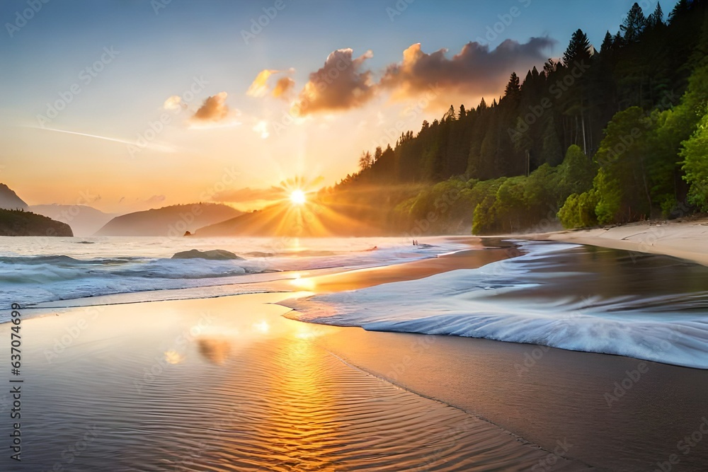 sunshine on beautiful empty sand beach lakeside on a summer day, blurred water background with grass