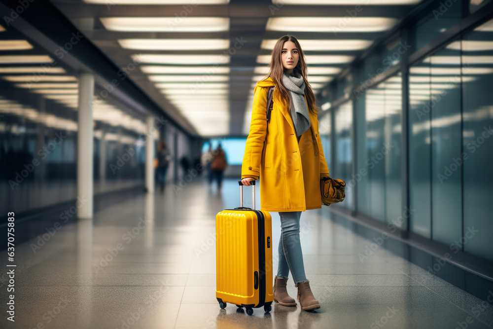 Attractive female traveler walking with a yellow suitcase at the modern transport stop outdoors.