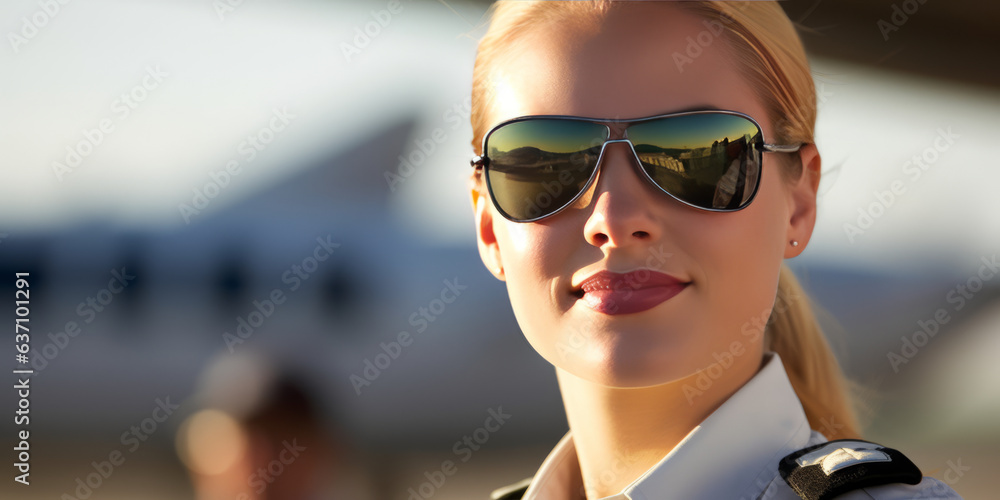 Captivating young female pilot in aviation uniform and goggles, positioned right, with a subtle back