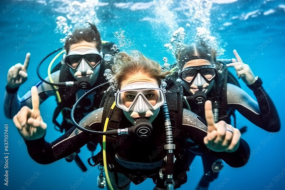 Stunning trio in scuba gear, pointing at ocean marvel off-frame, in deep blue aquatic backdrop, radi