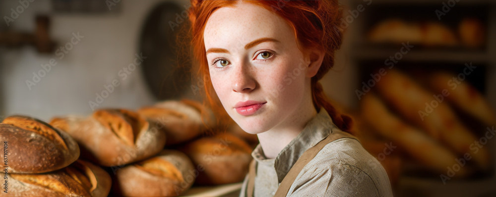 Charming redhead baker, petite with freckles, in a cozy bakery setting. Captivating image of fresh b