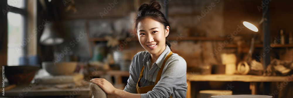 Charming Asian female potter covered in clay, busy at work in her cozy studio, set against blurred p