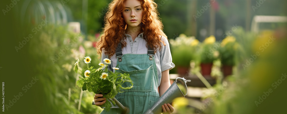 Enchanting redhead woman in overalls nurturing garden plants with watering can, set against an allur