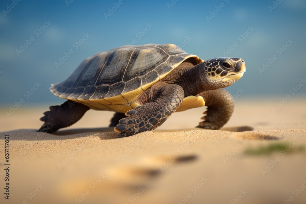 sea turtle walking on the beach, close up, blurry background