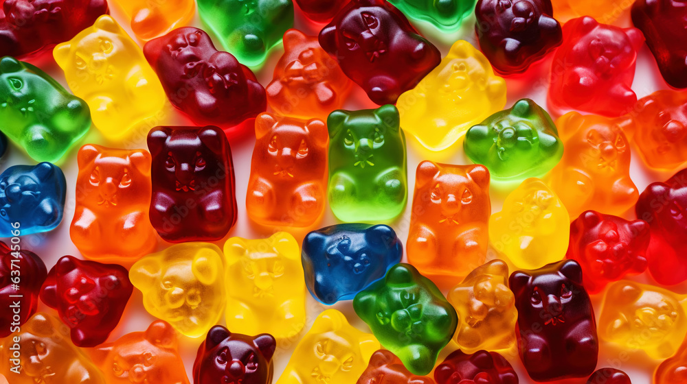 Gummy Jelly Bears Candies background. Sweet tasty backdrop. Generative AI