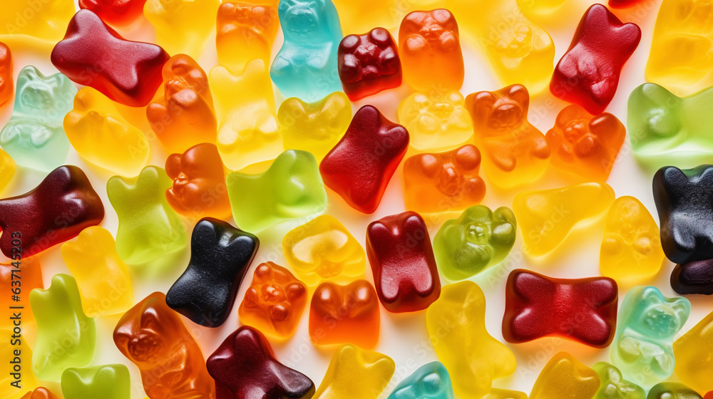 Gummy Jelly Bears Candies background. Sweet tasty backdrop. Generative AI