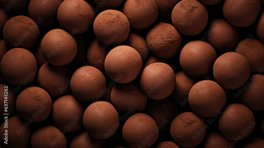 Chocolate truffles background, top view. Sweet cocoa candy. Generative AI