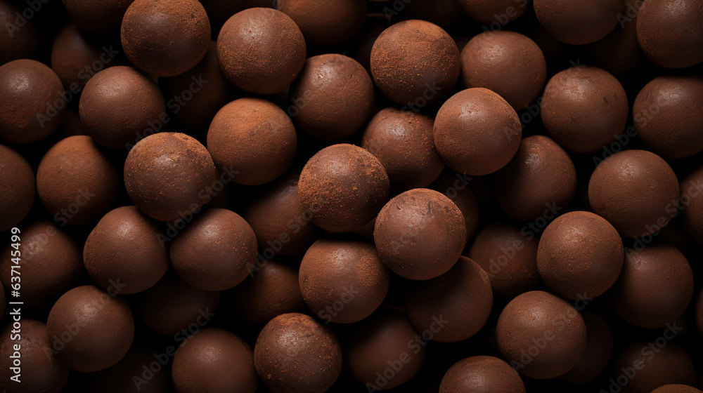 Chocolate truffles background, top view. Sweet cocoa candy. Generative AI