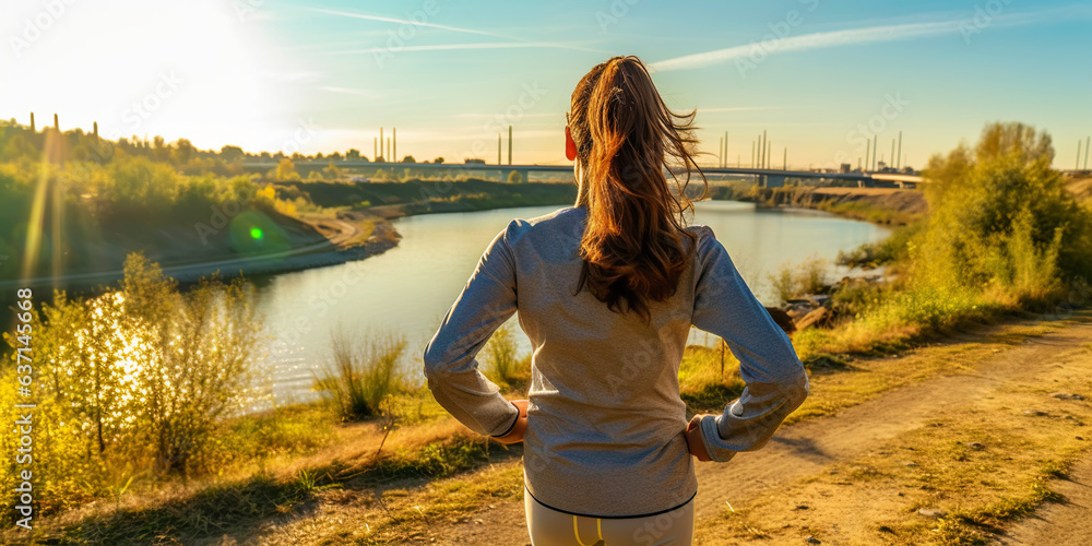 Young woman running on pier near river in morning. Generative AI