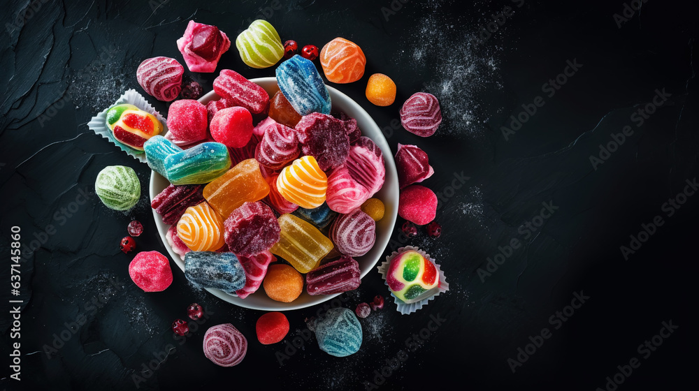 Top view on delicious multicolored candies on black rustic background. Generative AI