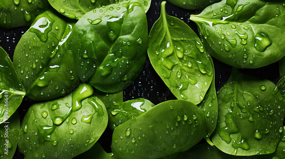 Fresh green spinach leaves with water drops background. Vegetables backdrop. Generative AI