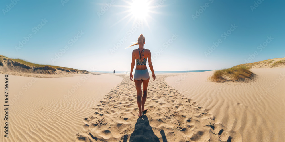 Athletic woman running on the beach. Female runner. Generative AI