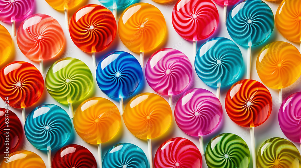 Colorful lollipop candies background. Top view. Generative AI