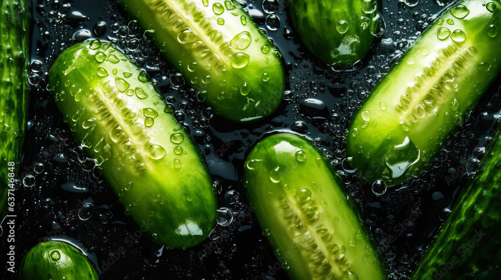 Fresh green cucumber slices with water drops background. Vegetables backdrop. Generative AI