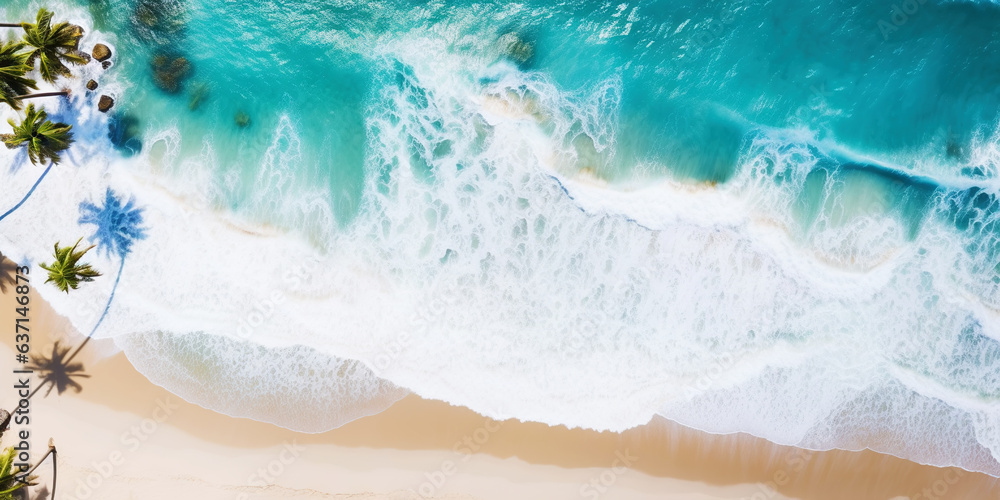 Aerial top view on sand ocean beach with palm trees. Summer vacation paradise concept. Generative AI