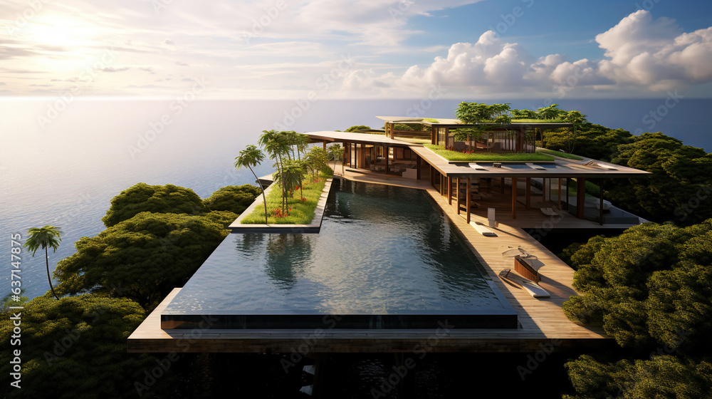 Luxury contemporaty villa on a mountain hill with a view on ocean. Generative AI