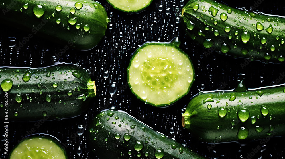 Freshgreen zucchini or courgettes with water drops background. Vegetables backdrop. Generative AI