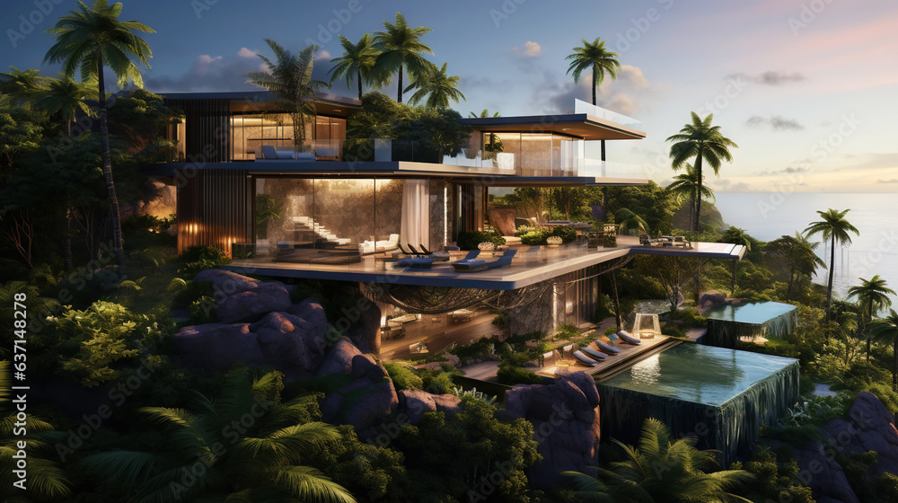 Luxury contemporaty villa on a mountain hill with a view on ocean. Generative AI