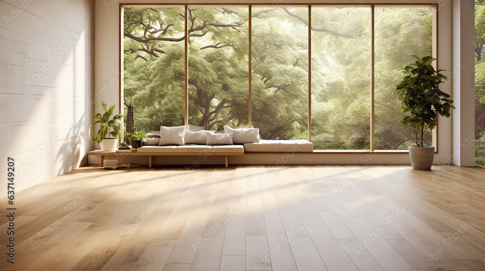 Empty room of modern contemporary loft with wooden floor and large windows to garden. Copy space. Ge