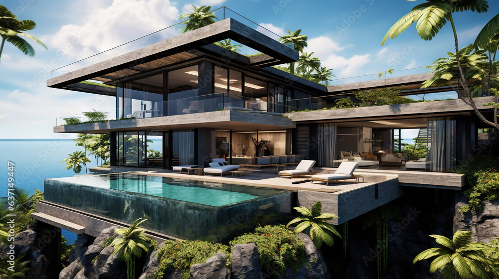 Luxury contemporaty villa on a mountain hill with a view on ocean. Generative AI