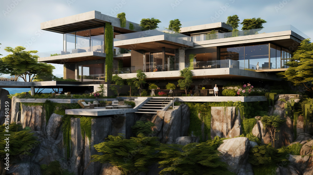 Luxury contemporaty villa on a mountain hill with a view on ocean. Generative AI