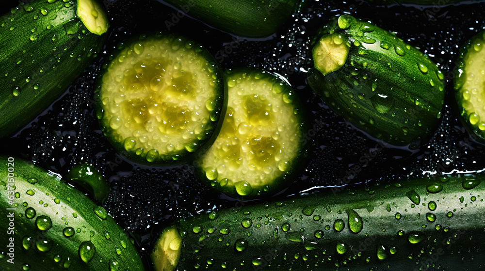 Freshgreen zucchini or courgettes with water drops background. Vegetables backdrop. Generative AI